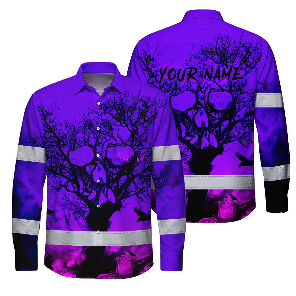 Hi Vis Hawaiian Long Sleeve Shirt With Violet Neon Forest Skull And Custom Name For Safety Workwear