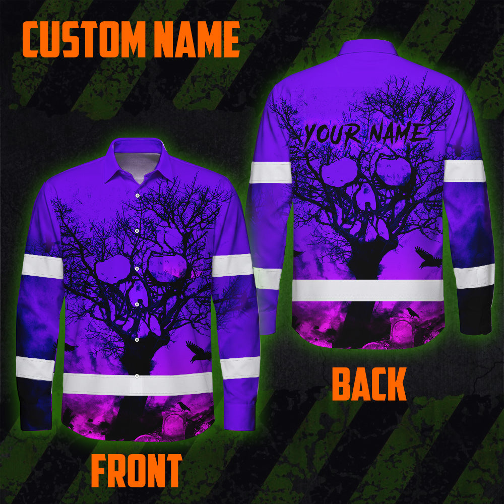 Hi Vis Hawaiian Long Sleeve Shirt With Violet Neon Forest Skull And Custom Name For Safety Workwear