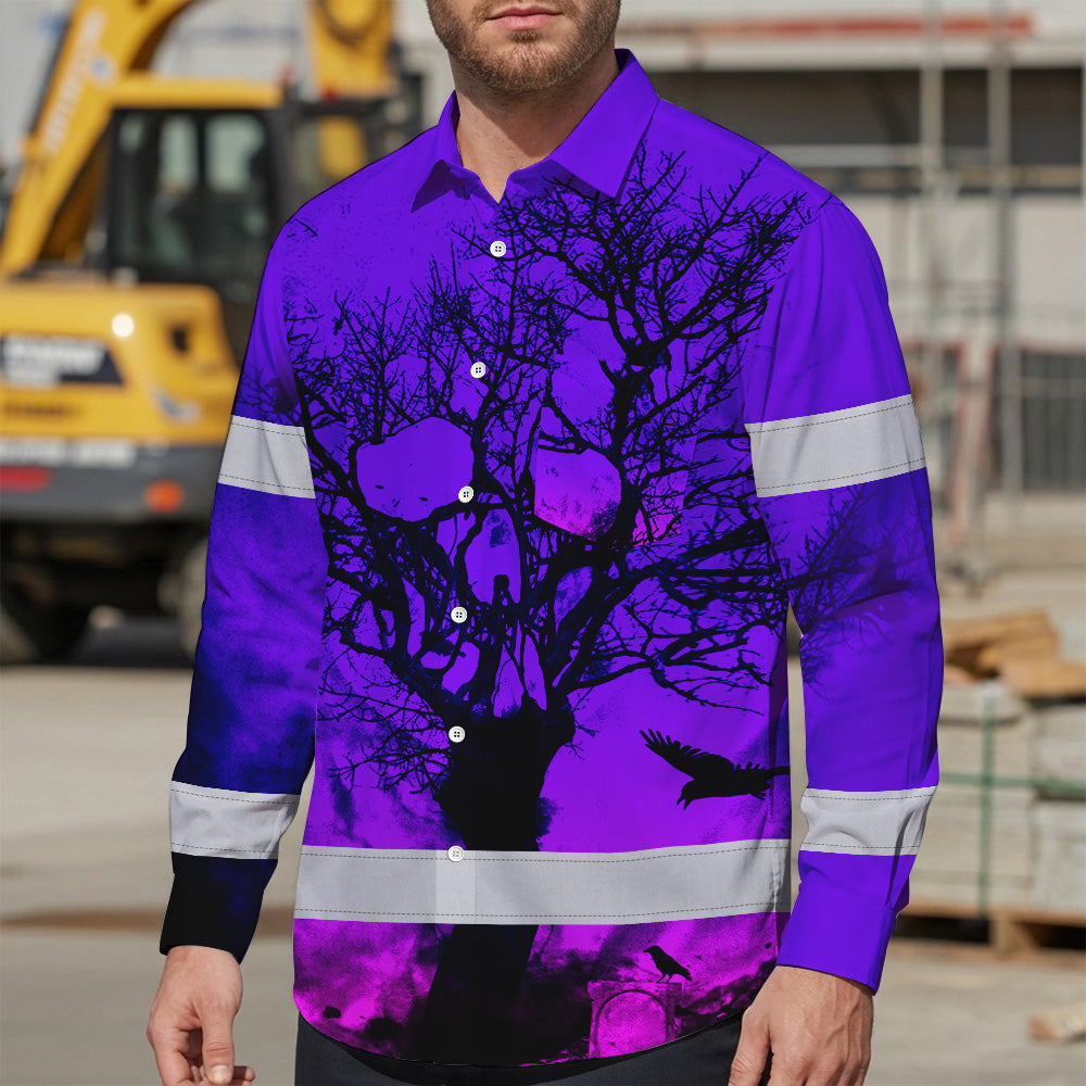 Hi Vis Hawaiian Long Sleeve Shirt With Violet Neon Forest Skull And Custom Name For Safety Workwear