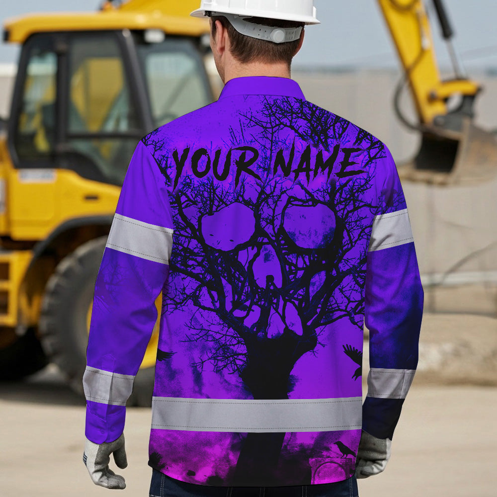 Hi Vis Hawaiian Long Sleeve Shirt With Violet Neon Forest Skull And Custom Name For Safety Workwear