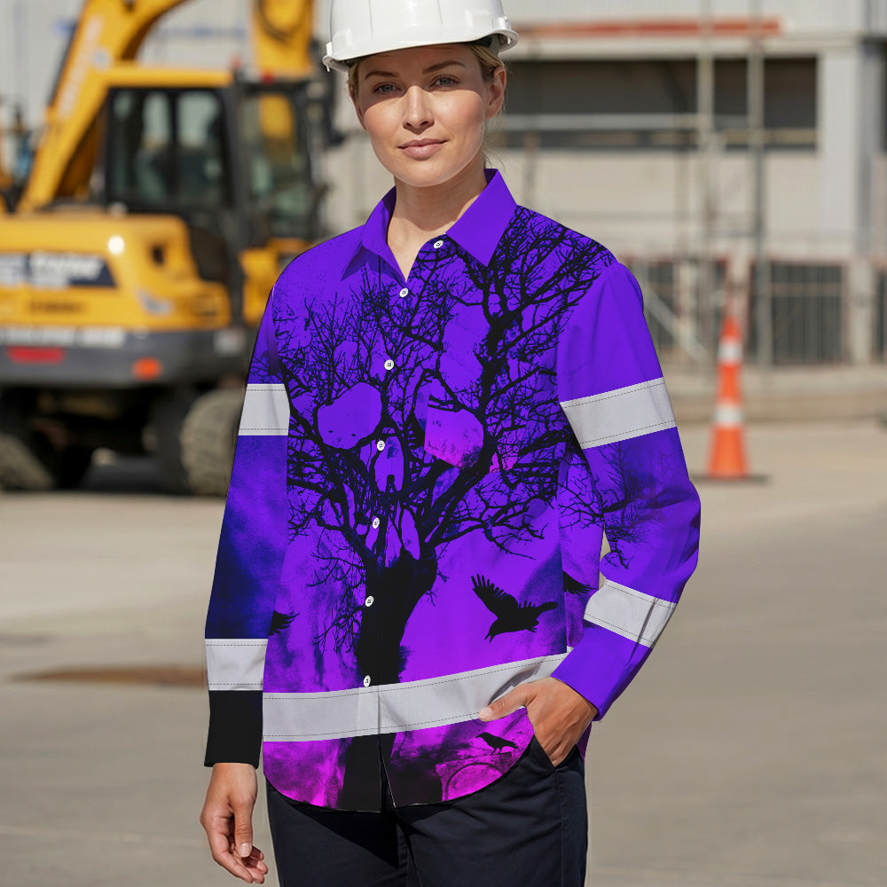 Hi Vis Hawaiian Long Sleeve Shirt With Violet Neon Forest Skull And Custom Name For Safety Workwear