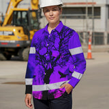 Hi Vis Hawaiian Long Sleeve Shirt With Violet Neon Forest Skull And Custom Name For Safety Workwear