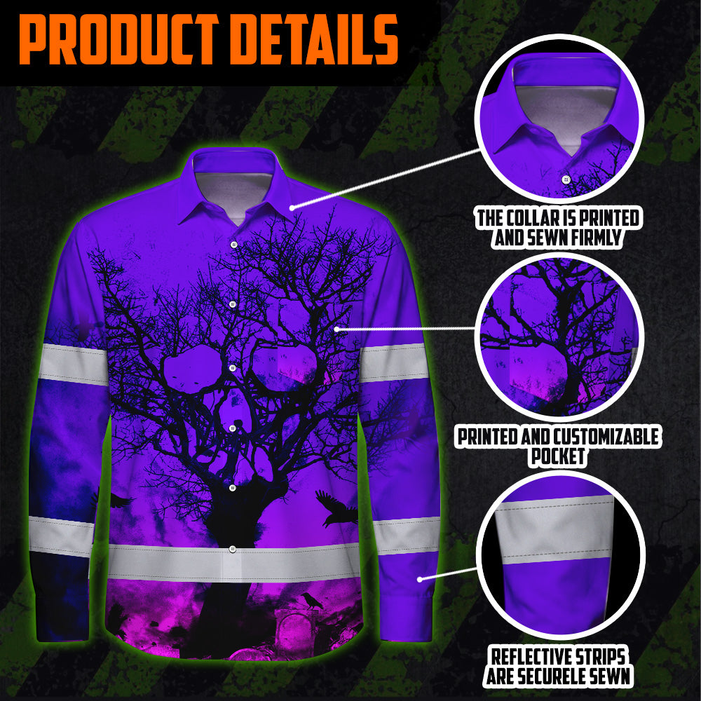 Hi Vis Hawaiian Long Sleeve Shirt With Violet Neon Forest Skull And Custom Name For Safety Workwear