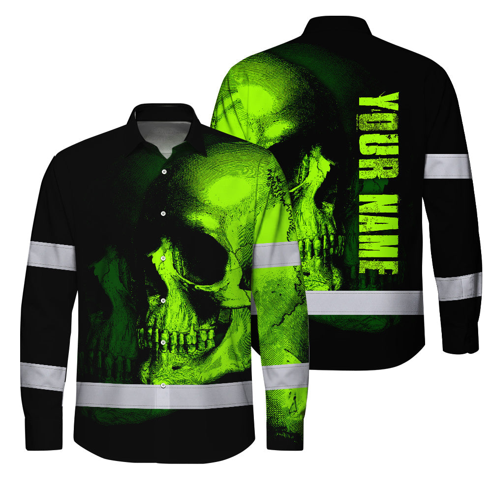 Neon Green Skull Hi Vis Hawaiian Long Sleeve Shirt With Custom Name Designed For Runners, Truckers, And Skull Lovers
