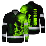 Neon Green Skull Hi Vis Hawaiian Long Sleeve Shirt With Custom Name Designed For Runners, Truckers, And Skull Lovers