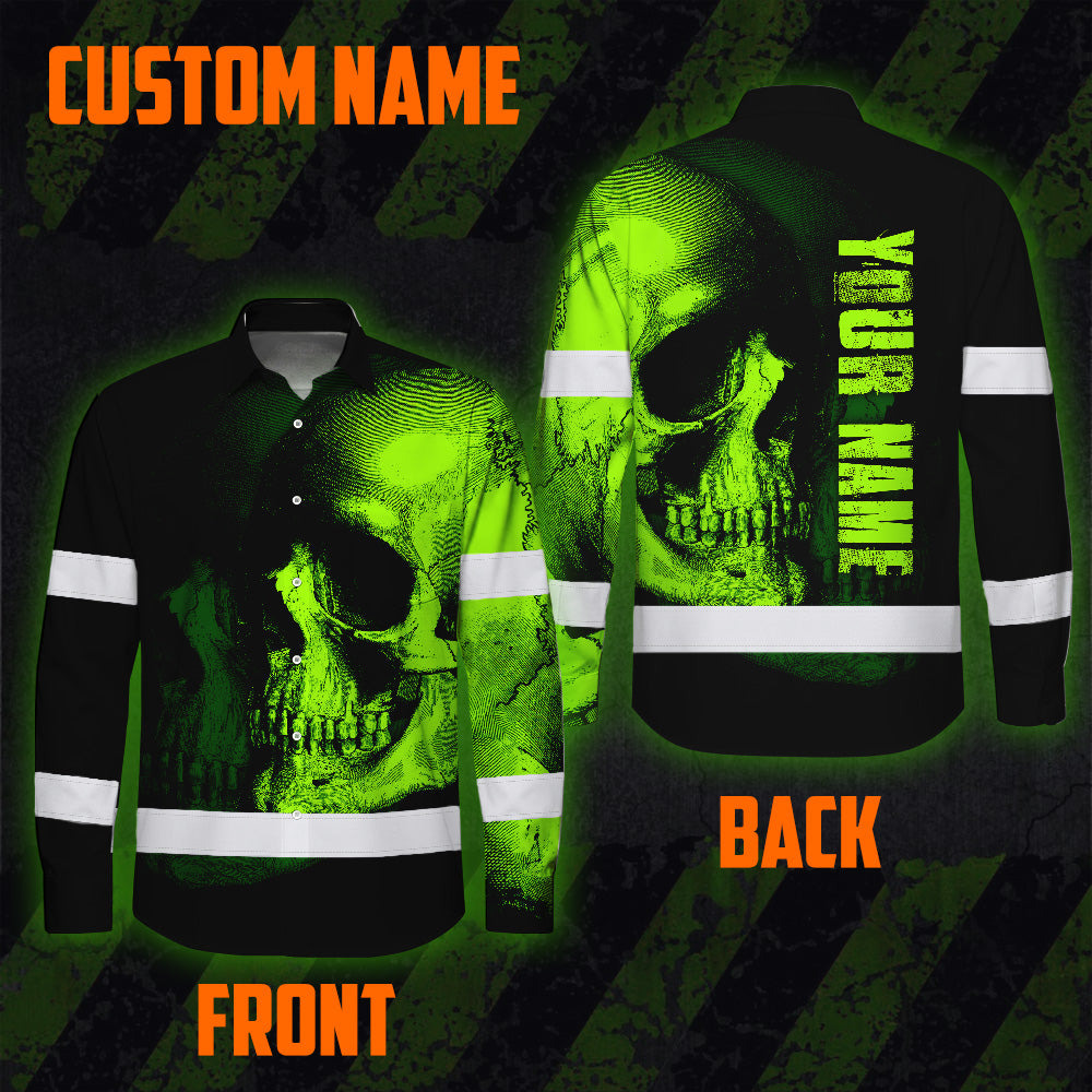 Neon Green Skull Hi Vis Hawaiian Long Sleeve Shirt With Custom Name Designed For Runners, Truckers, And Skull Lovers