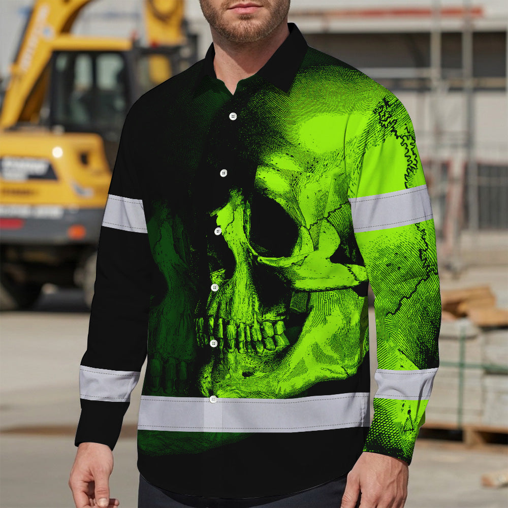 Neon Green Skull Hi Vis Hawaiian Long Sleeve Shirt With Custom Name Designed For Runners, Truckers, And Skull Lovers
