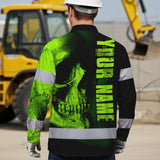Neon Green Skull Hi Vis Hawaiian Long Sleeve Shirt With Custom Name Designed For Runners, Truckers, And Skull Lovers