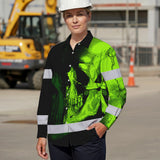 Neon Green Skull Hi Vis Hawaiian Long Sleeve Shirt With Custom Name Designed For Runners, Truckers, And Skull Lovers