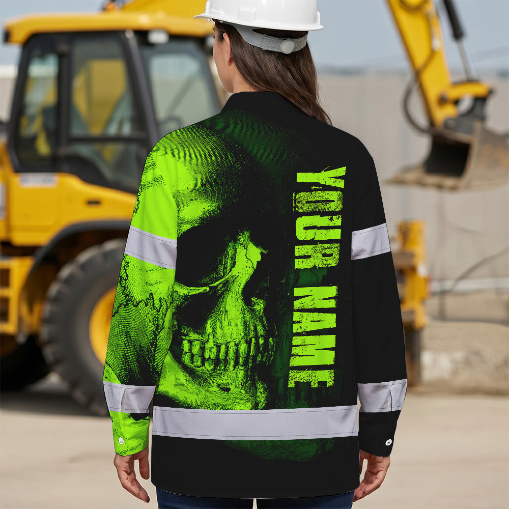 Neon Green Skull Hi Vis Hawaiian Long Sleeve Shirt With Custom Name Designed For Runners, Truckers, And Skull Lovers