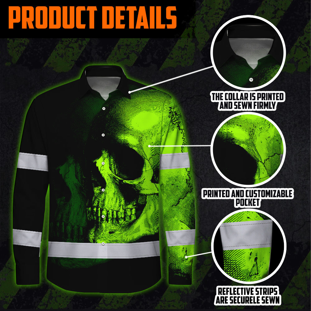 Neon Green Skull Hi Vis Hawaiian Long Sleeve Shirt With Custom Name Designed For Runners, Truckers, And Skull Lovers