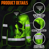 Neon Green Skull Hi Vis Hawaiian Long Sleeve Shirt With Custom Name Designed For Runners, Truckers, And Skull Lovers