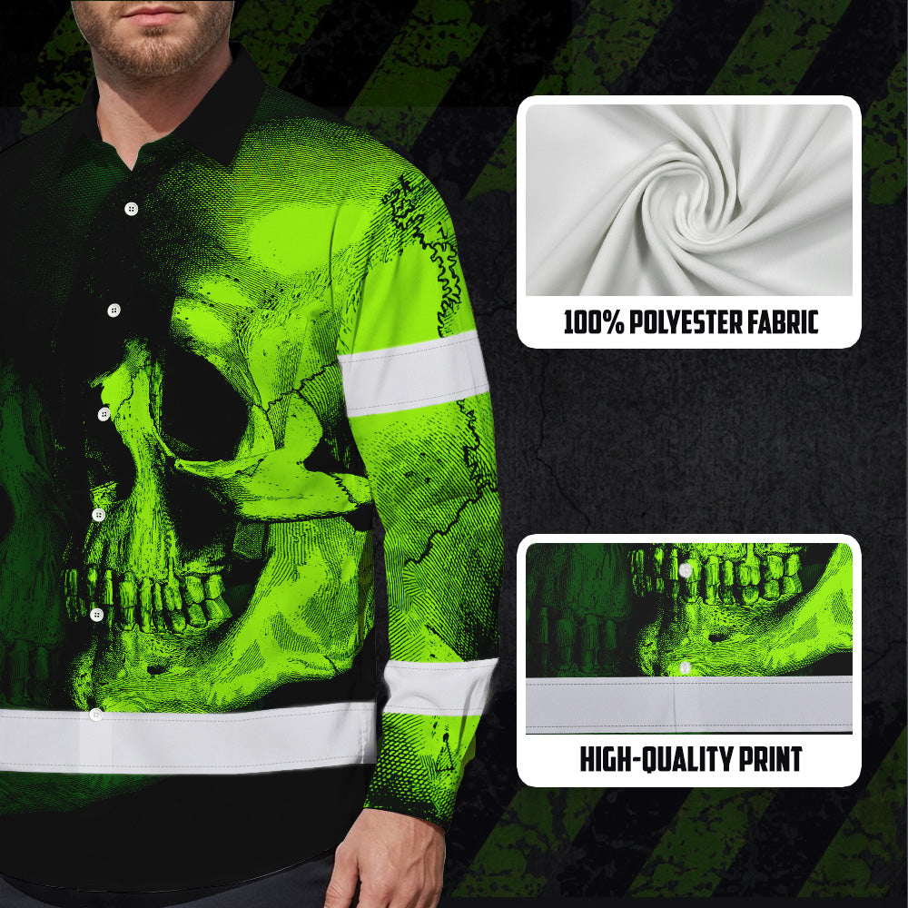 Neon Green Skull Hi Vis Hawaiian Long Sleeve Shirt With Custom Name Designed For Runners, Truckers, And Skull Lovers