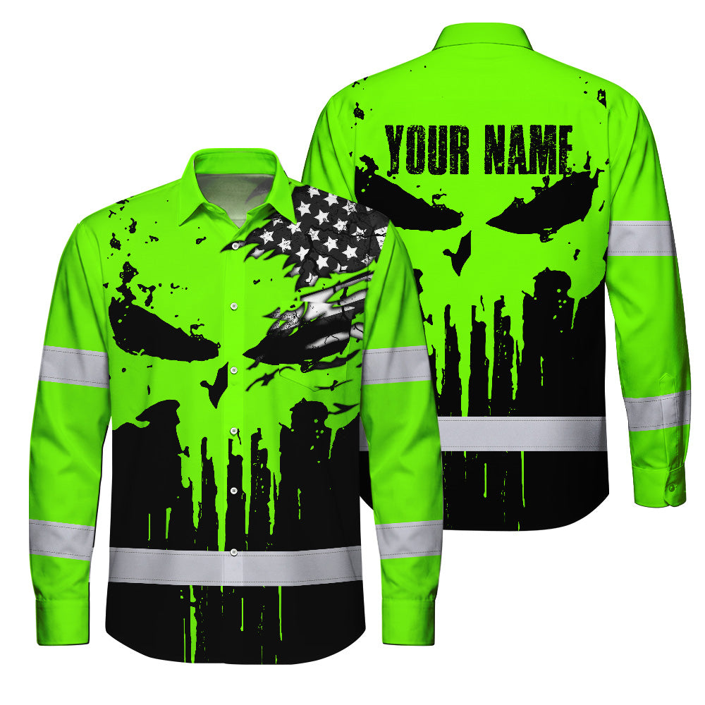 Custom Hi Vis Hawaiian Long Sleeve Shirt Featuring Skull Scratch US Flag And Personalized Name For Work Safety Workwear