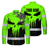 Custom Hi Vis Hawaiian Long Sleeve Shirt Featuring Skull Scratch US Flag And Personalized Name For Work Safety Workwear