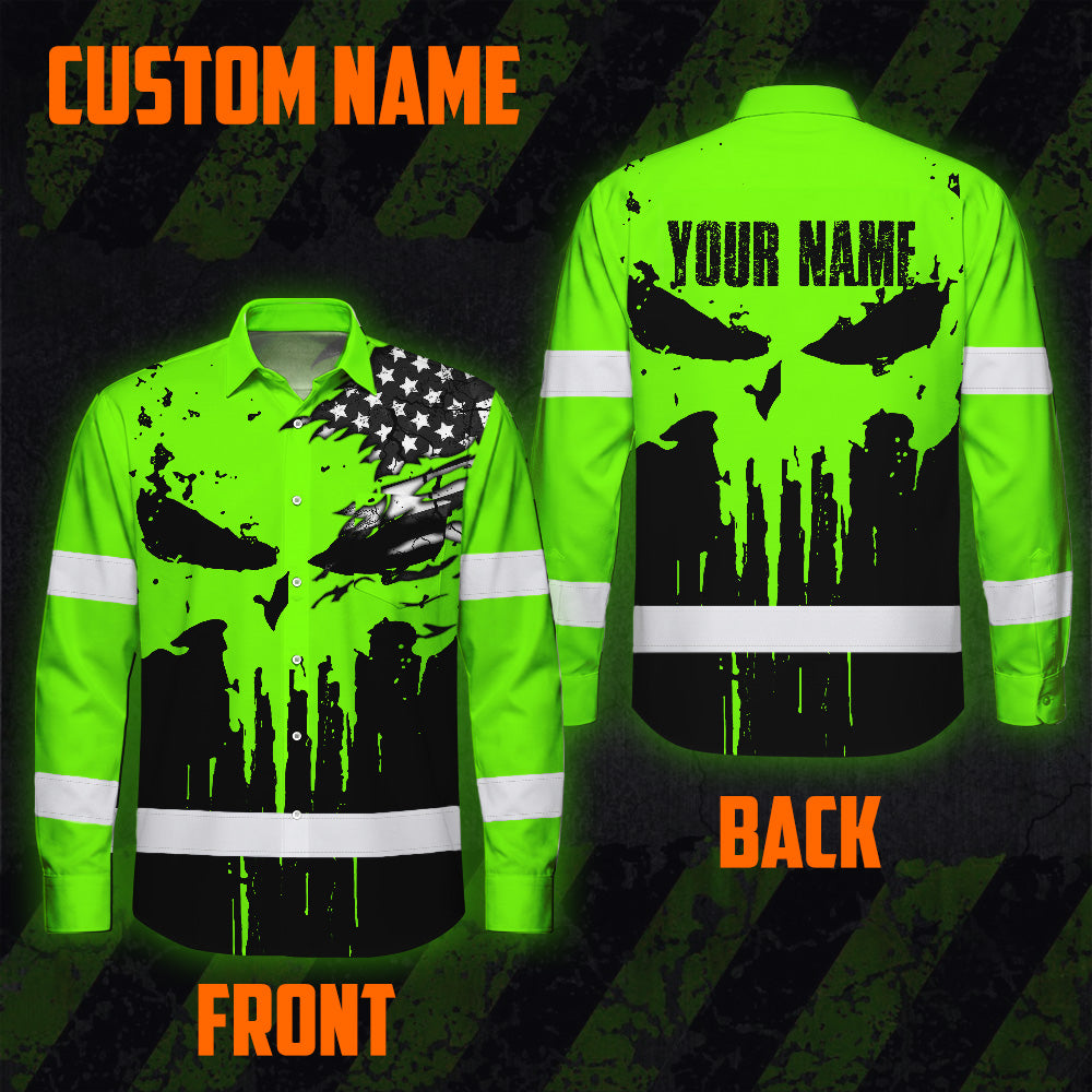 Custom Hi Vis Hawaiian Long Sleeve Shirt Featuring Skull Scratch US Flag And Personalized Name For Work Safety Workwear