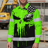 Custom Hi Vis Hawaiian Long Sleeve Shirt Featuring Skull Scratch US Flag And Personalized Name For Work Safety Workwear