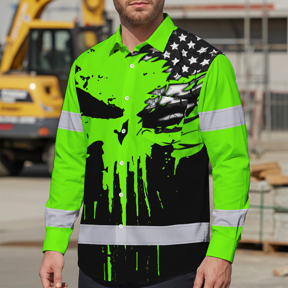 Custom Hi Vis Hawaiian Long Sleeve Shirt Featuring Skull Scratch US Flag And Personalized Name For Work Safety Workwear