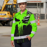 Custom Hi Vis Hawaiian Long Sleeve Shirt Featuring Skull Scratch US Flag And Personalized Name For Work Safety Workwear