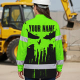Custom Hi Vis Hawaiian Long Sleeve Shirt Featuring Skull Scratch US Flag And Personalized Name For Work Safety Workwear