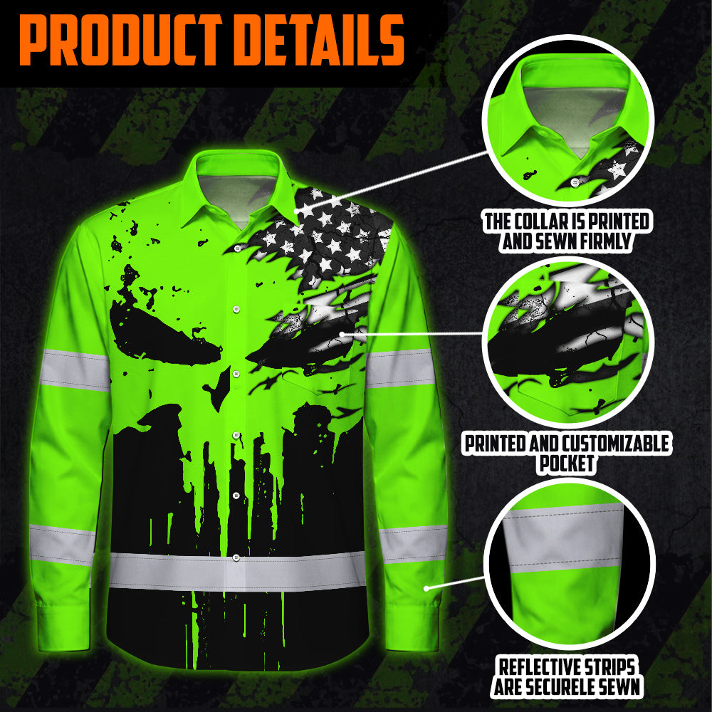 Custom Hi Vis Hawaiian Long Sleeve Shirt Featuring Skull Scratch US Flag And Personalized Name For Work Safety Workwear