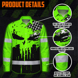Custom Hi Vis Hawaiian Long Sleeve Shirt Featuring Skull Scratch US Flag And Personalized Name For Work Safety Workwear