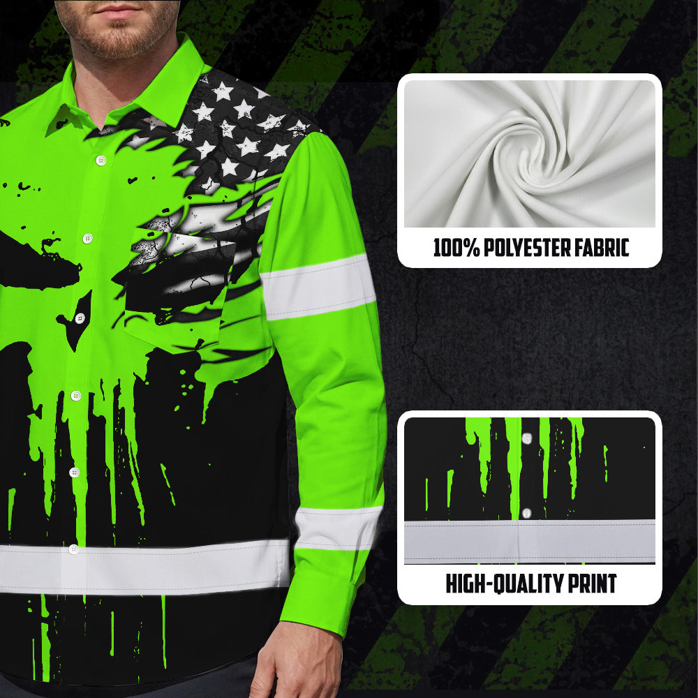Custom Hi Vis Hawaiian Long Sleeve Shirt Featuring Skull Scratch US Flag And Personalized Name For Work Safety Workwear