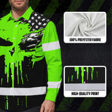 Custom Hi Vis Hawaiian Long Sleeve Shirt Featuring Skull Scratch US Flag And Personalized Name For Work Safety Workwear