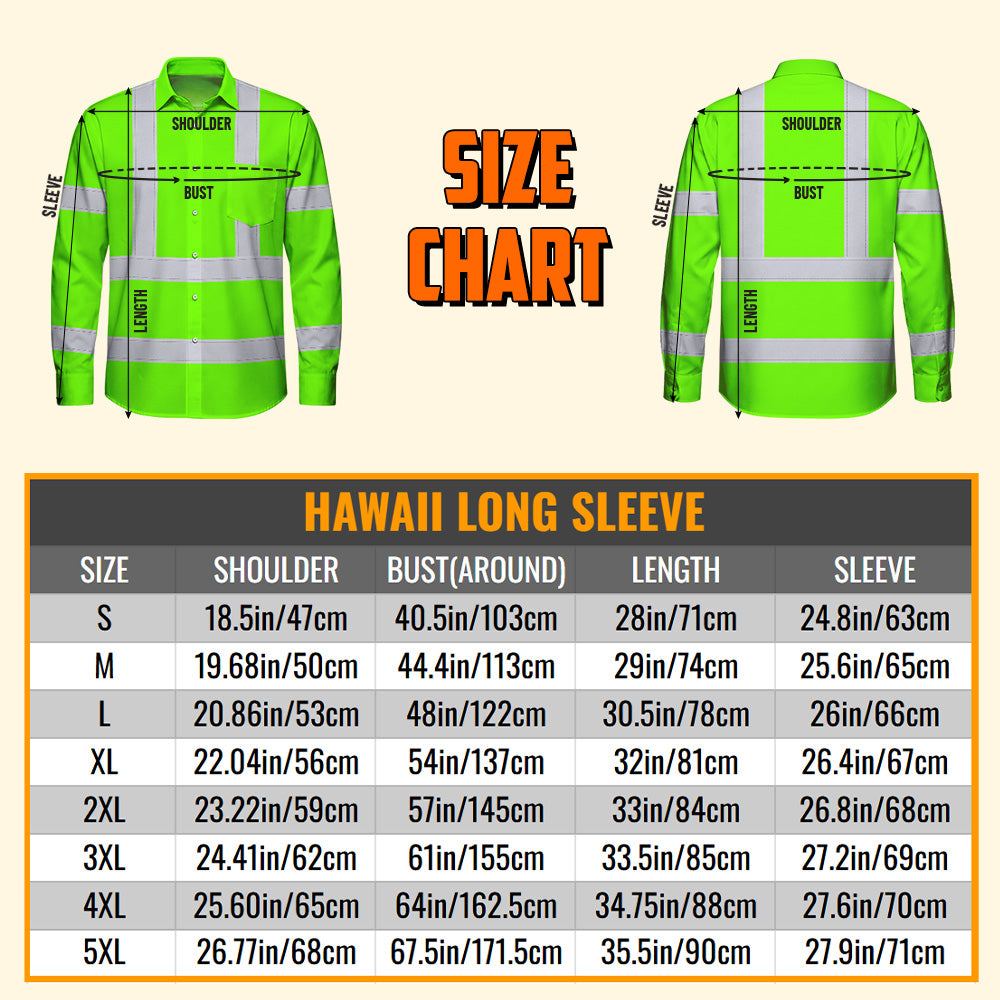 Custom Hi Vis Hawaiian Long Sleeve Shirt Featuring Skull Scratch US Flag And Personalized Name For Work Safety Workwear