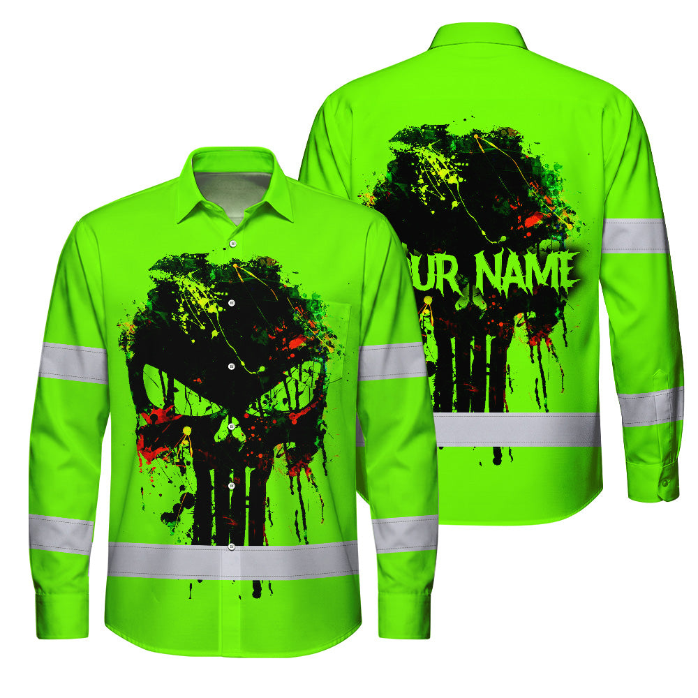 High Visibility Hawaiian Long Sleeve Shirt Green Neon Reflective Paint Plash Skull Custom Name