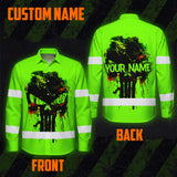 High Visibility Hawaiian Long Sleeve Shirt Green Neon Reflective Paint Plash Skull Custom Name