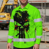 High Visibility Hawaiian Long Sleeve Shirt Green Neon Reflective Paint Plash Skull Custom Name