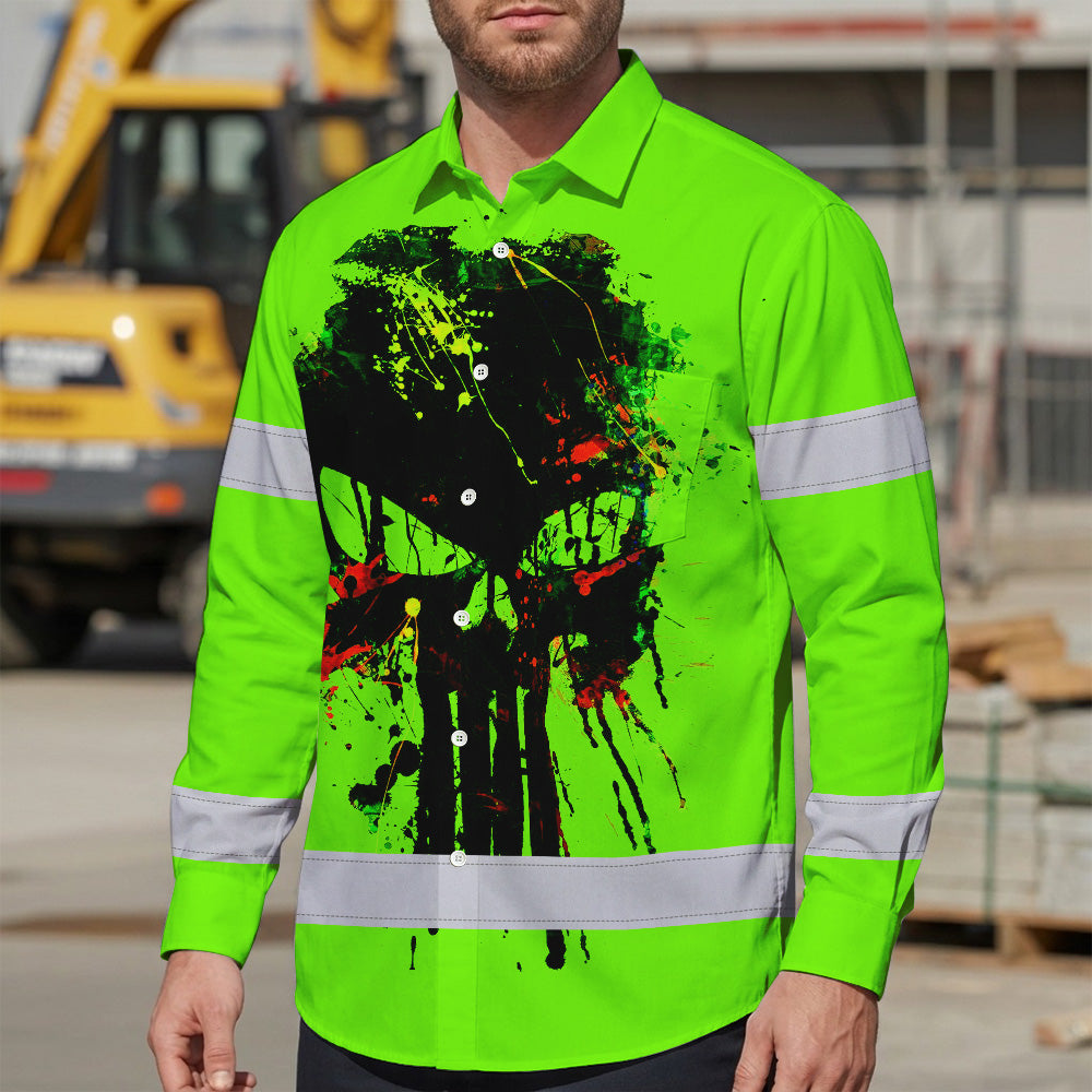 High Visibility Hawaiian Long Sleeve Shirt Green Neon Reflective Paint Plash Skull Custom Name