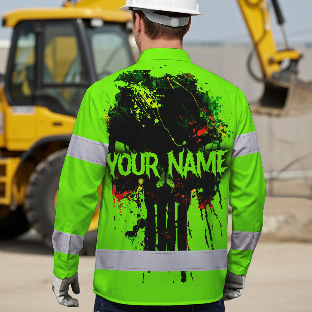 High Visibility Hawaiian Long Sleeve Shirt Green Neon Reflective Paint Plash Skull Custom Name