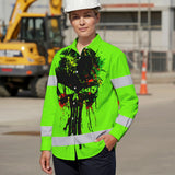 High Visibility Hawaiian Long Sleeve Shirt Green Neon Reflective Paint Plash Skull Custom Name