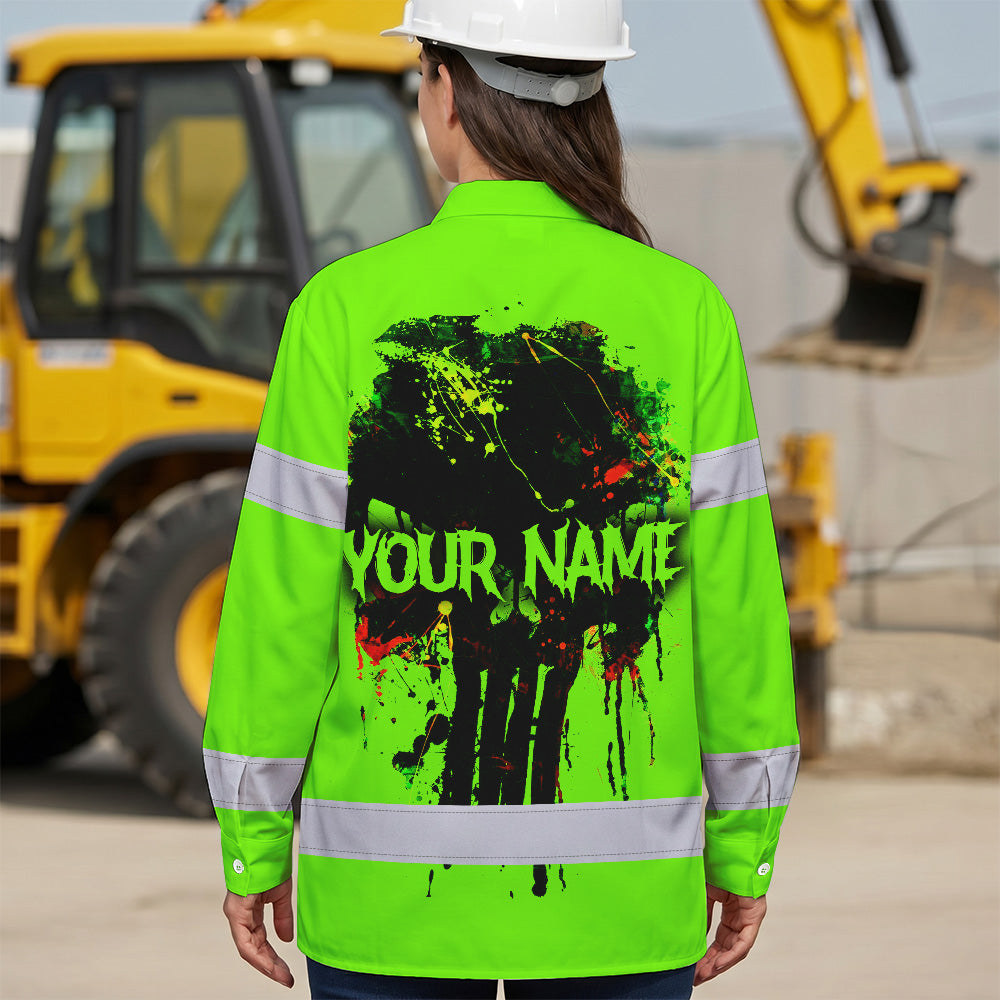 High Visibility Hawaiian Long Sleeve Shirt Green Neon Reflective Paint Plash Skull Custom Name