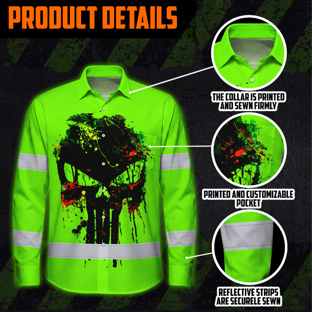 High Visibility Hawaiian Long Sleeve Shirt Green Neon Reflective Paint Plash Skull Custom Name