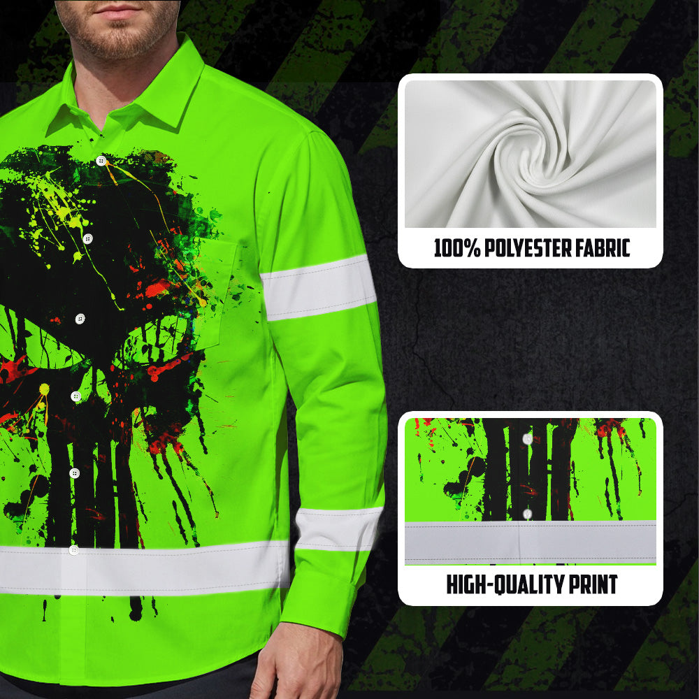 High Visibility Hawaiian Long Sleeve Shirt Green Neon Reflective Paint Plash Skull Custom Name
