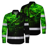 Hi Vis Hawaiian Long Sleeve Shirt For Safety Workwear With Bold Skull Camo In Neon Green And Name Customization