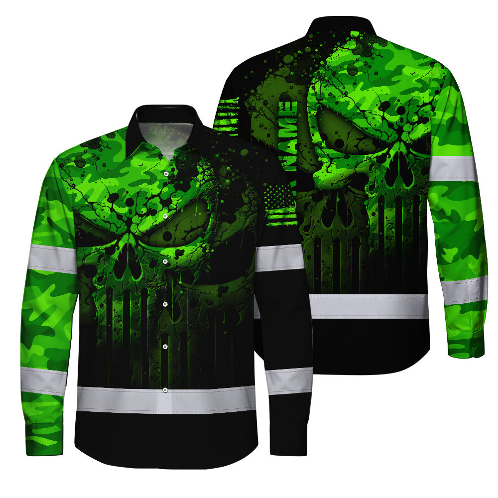 Hi Vis Hawaiian Long Sleeve Shirt For Safety Workwear With Bold Skull Camo In Neon Green And Name Customization