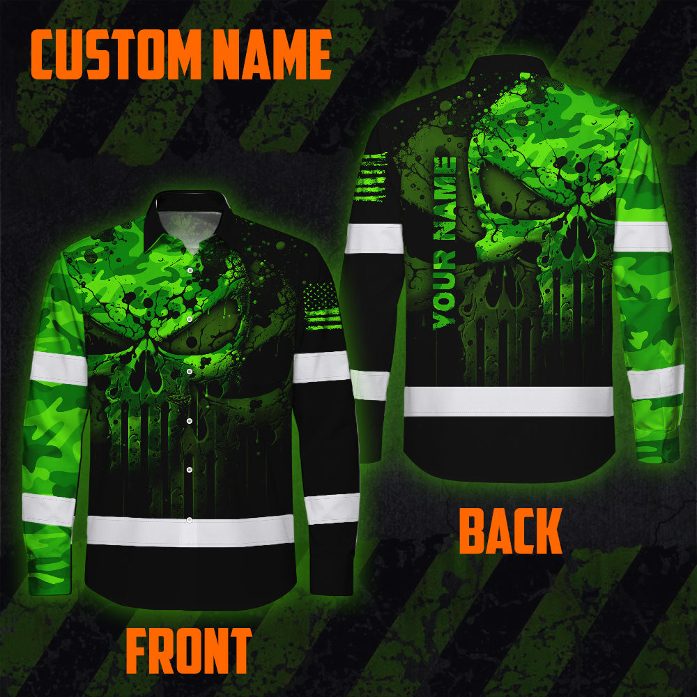 Hi Vis Hawaiian Long Sleeve Shirt For Safety Workwear With Bold Skull Camo In Neon Green And Name Customization