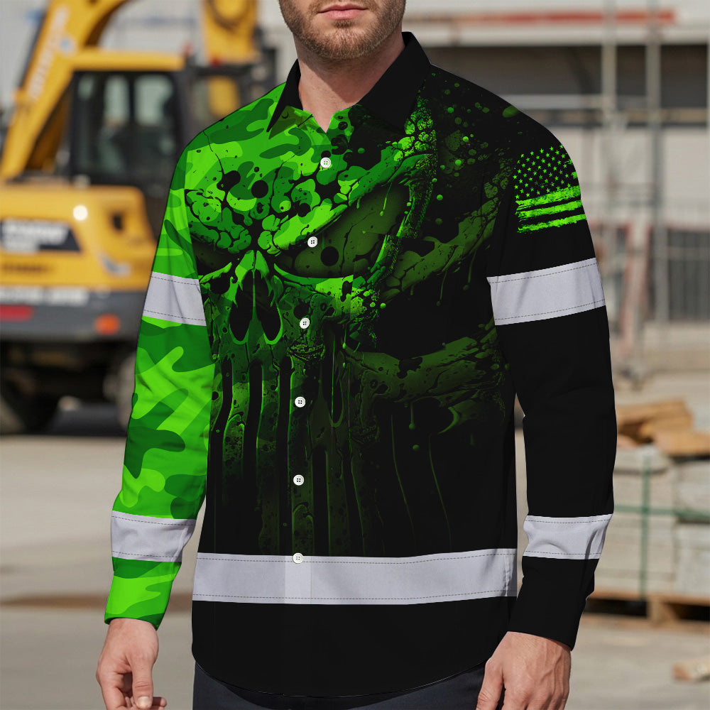 Hi Vis Hawaiian Long Sleeve Shirt For Safety Workwear With Bold Skull Camo In Neon Green And Name Customization