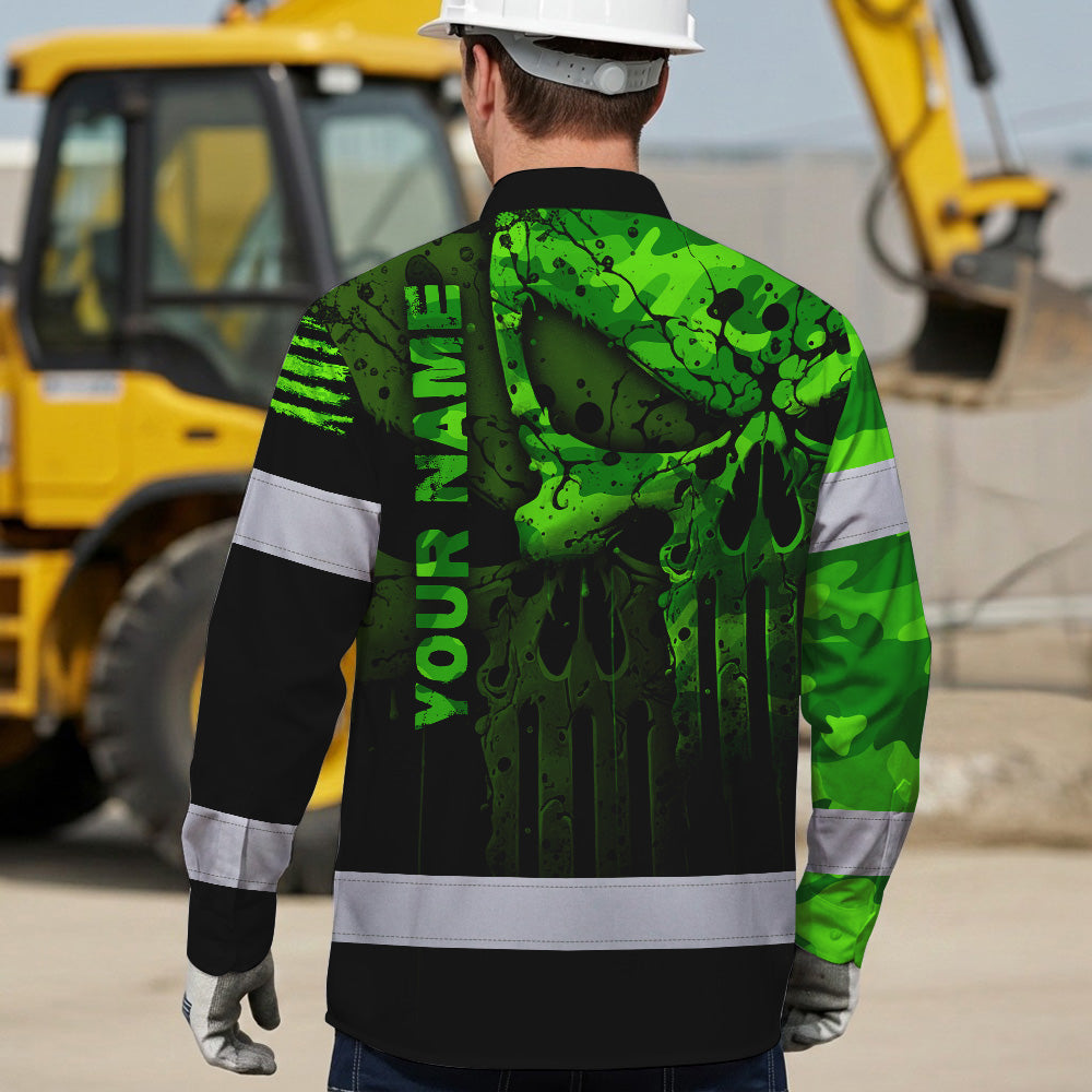 Hi Vis Hawaiian Long Sleeve Shirt For Safety Workwear With Bold Skull Camo In Neon Green And Name Customization