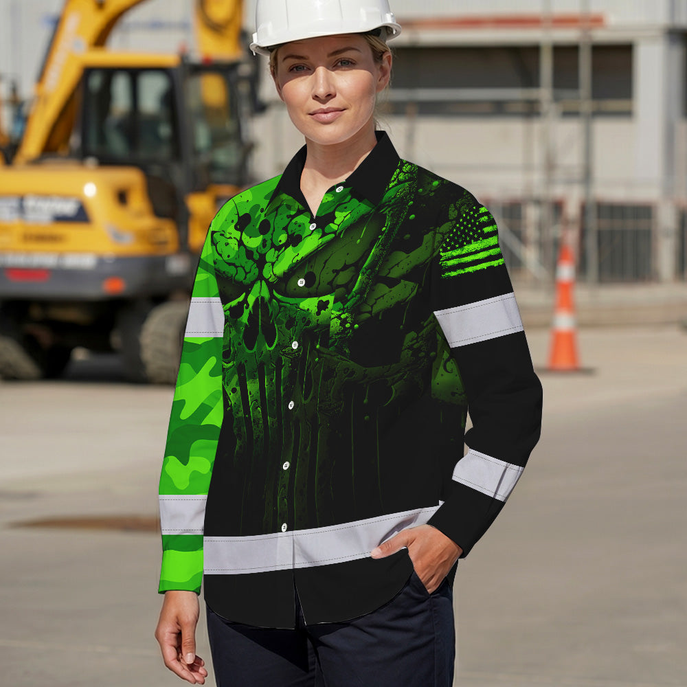 Hi Vis Hawaiian Long Sleeve Shirt For Safety Workwear With Bold Skull Camo In Neon Green And Name Customization