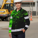 Hi Vis Hawaiian Long Sleeve Shirt For Safety Workwear With Bold Skull Camo In Neon Green And Name Customization