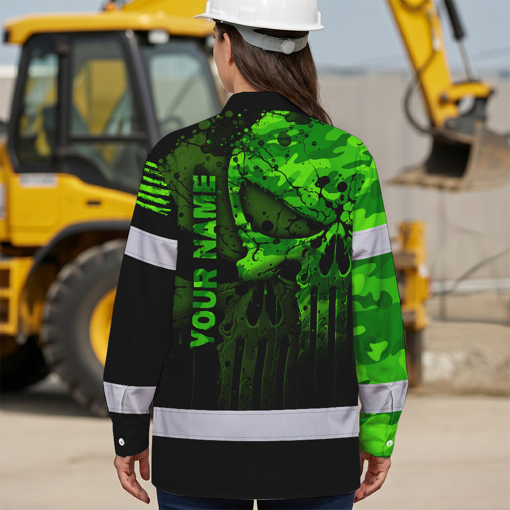 Hi Vis Hawaiian Long Sleeve Shirt For Safety Workwear With Bold Skull Camo In Neon Green And Name Customization