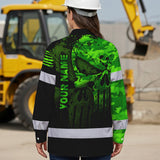 Hi Vis Hawaiian Long Sleeve Shirt For Safety Workwear With Bold Skull Camo In Neon Green And Name Customization