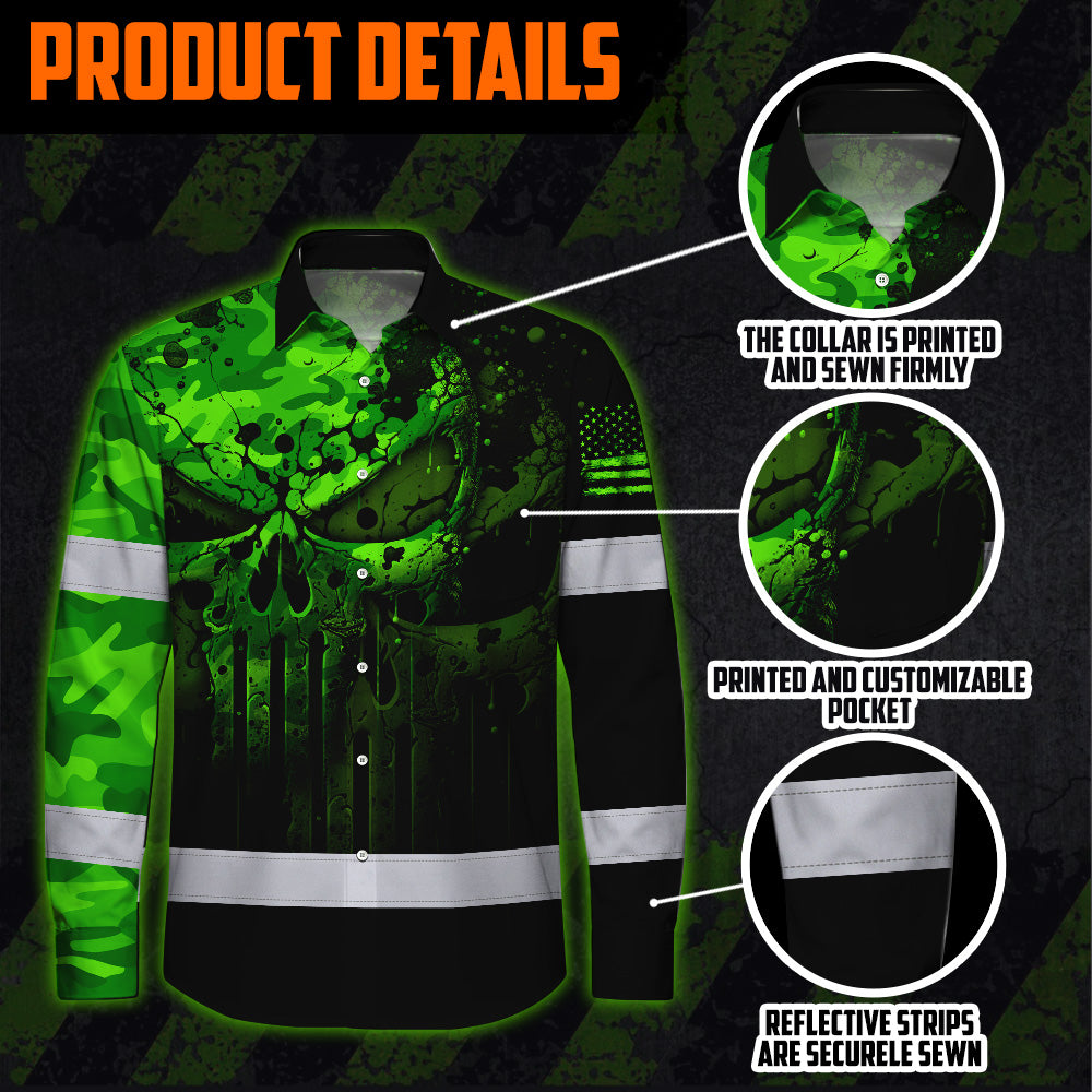Hi Vis Hawaiian Long Sleeve Shirt For Safety Workwear With Bold Skull Camo In Neon Green And Name Customization