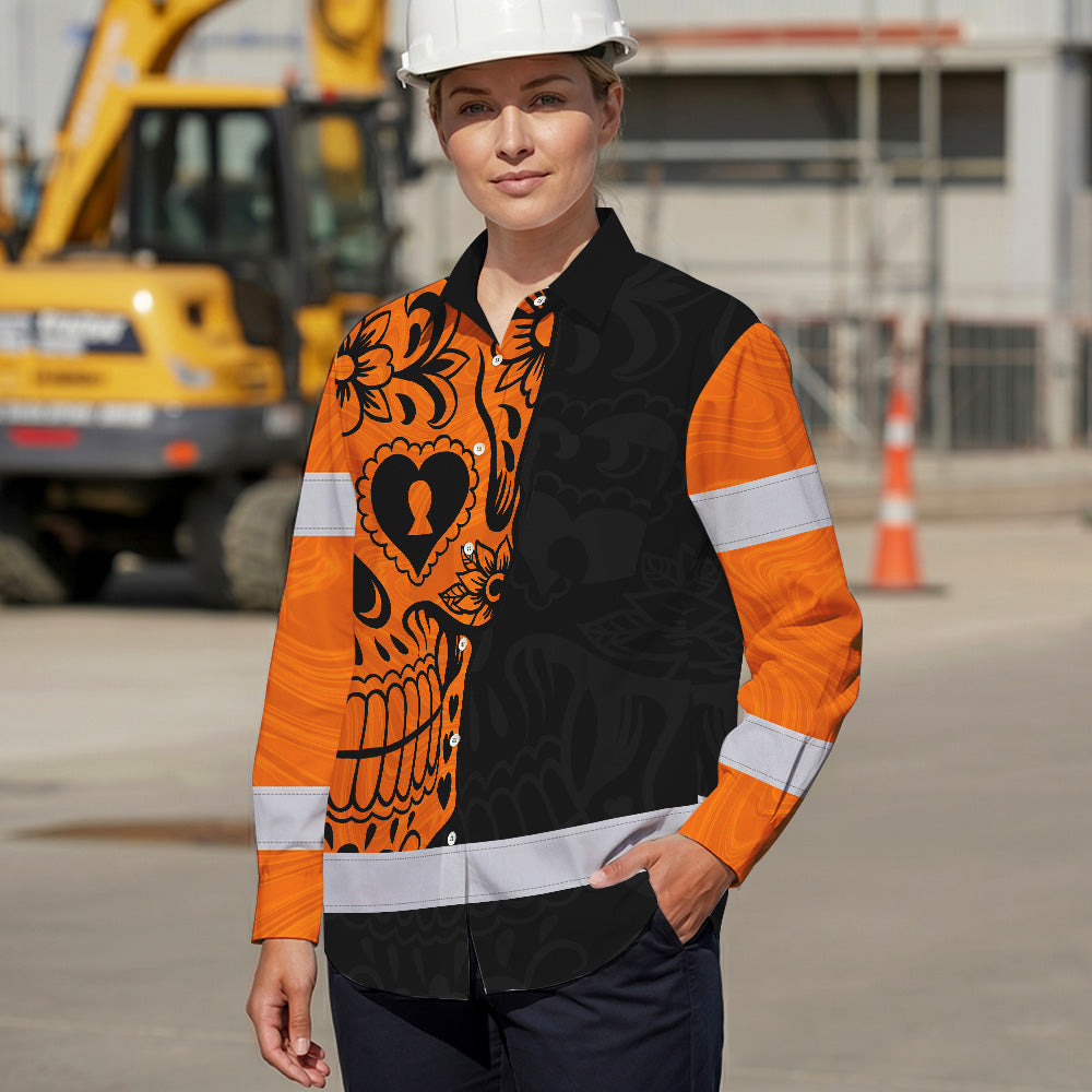 Hi Vis Hawaiian Long Sleeve Shirt American Flag Neon Purple Reflective High Visibility Custom Name Safety Workwear