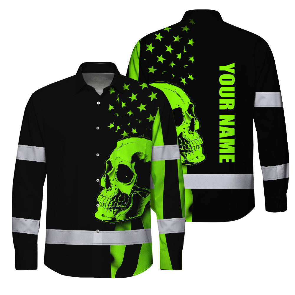 Hi Vis Hawaiian Long Sleeve Shirt Skull USA Flag Orange Reflective High Visibility Custom Name Safety Workwear 53